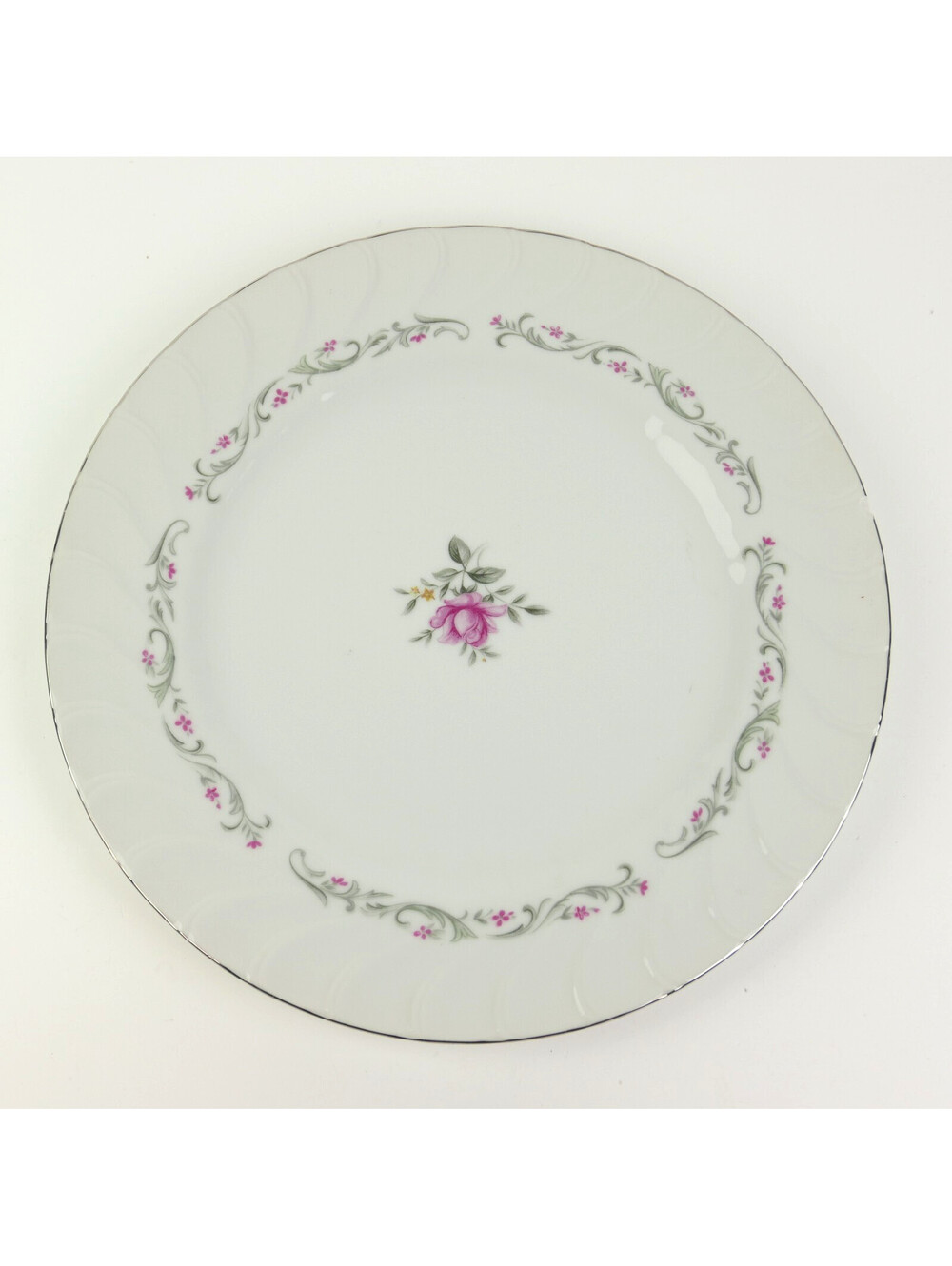 Vintage Fine China of Japan Royal Swirl Dinner Plate 10" Pink Rose Platinum Rim